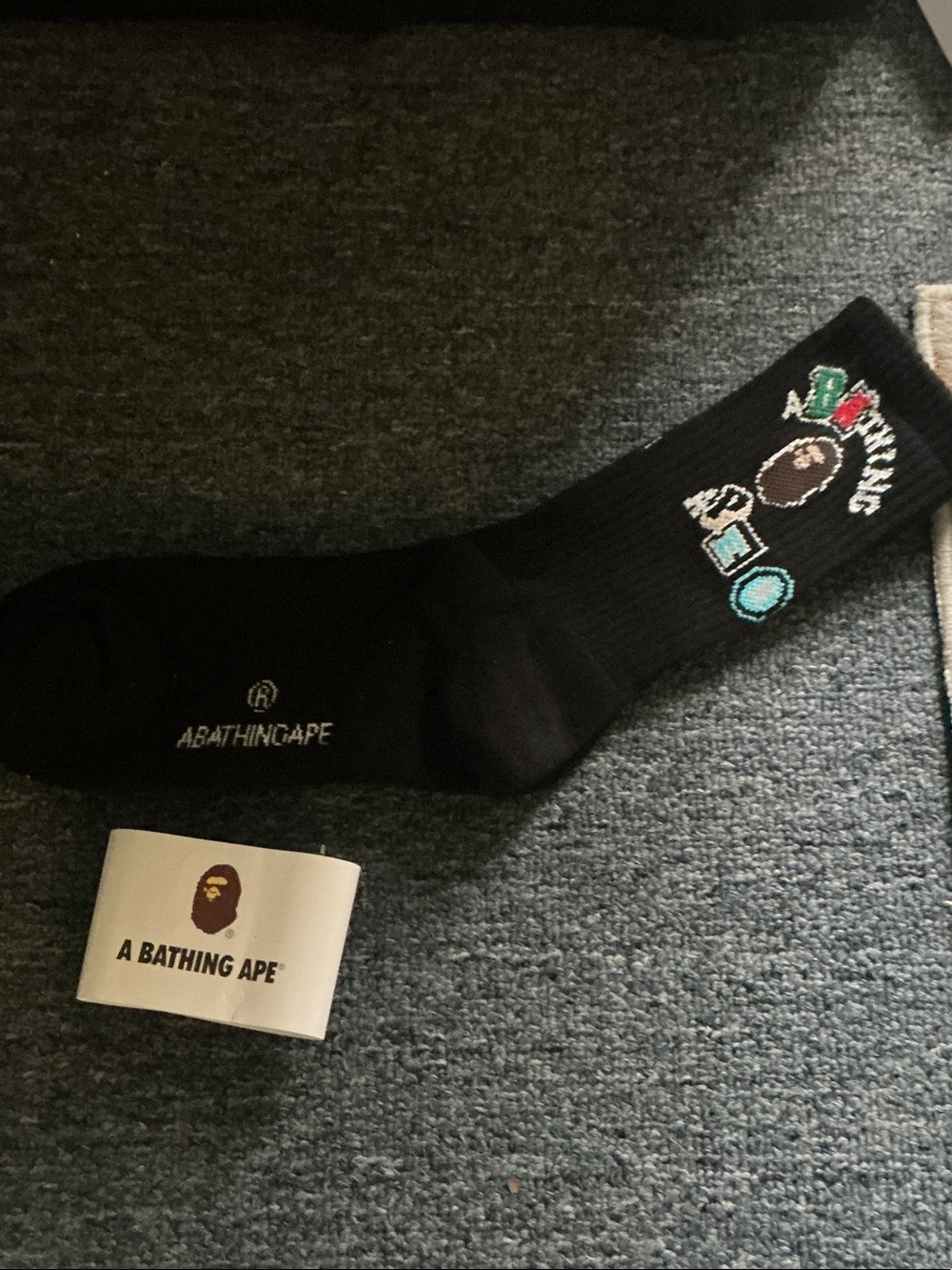 A Bathing Ape Black Crew Socks with Colorful Icon Embroidery